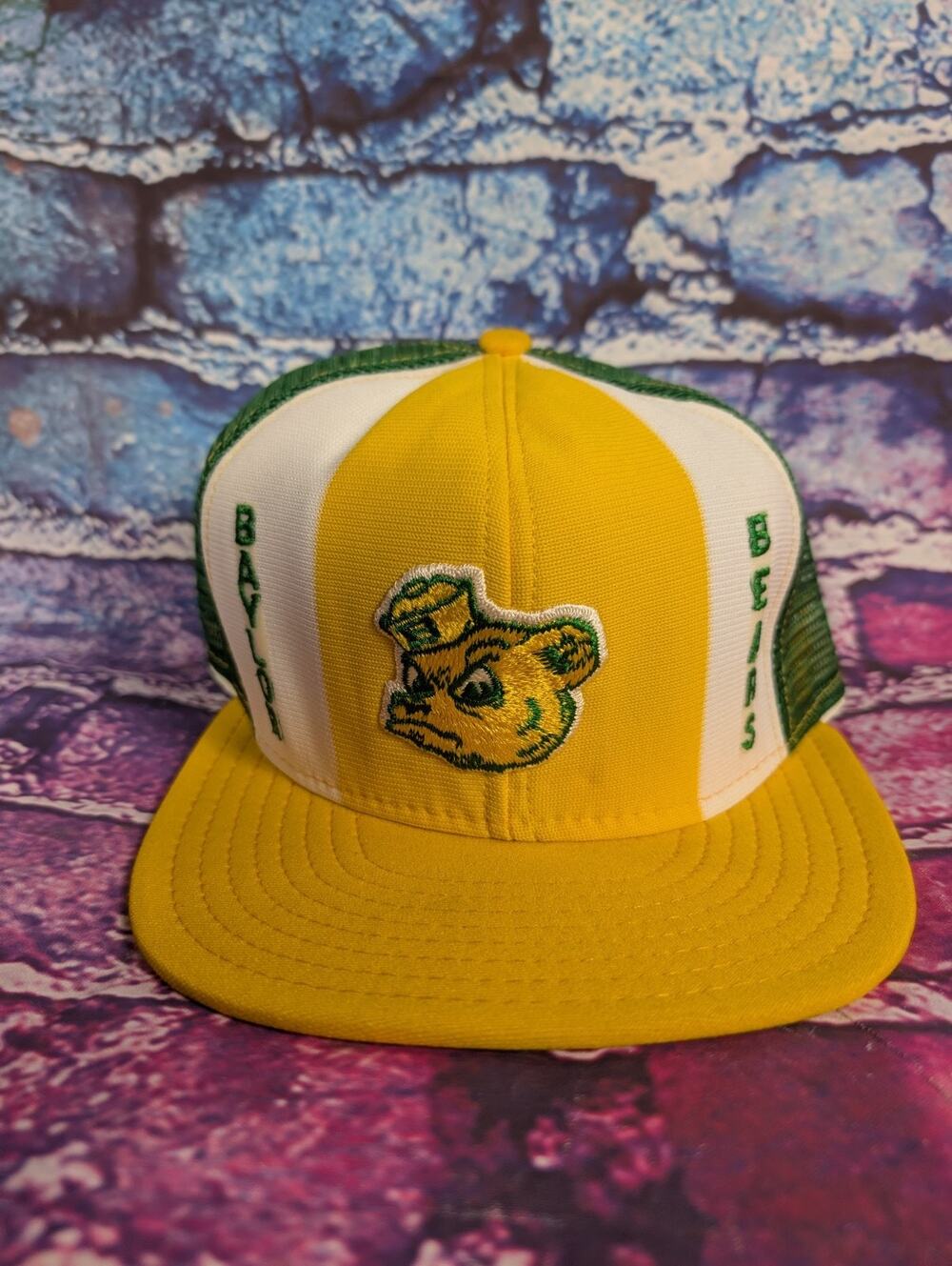 Vintage LG MENS Lucky Stripes BAYLOR UNIVERSITY Bear HAT RARE EUC! Trucker Mesh